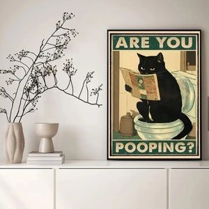 Brand new cool black cat bathroom poster/canvas  “are you pooping?”